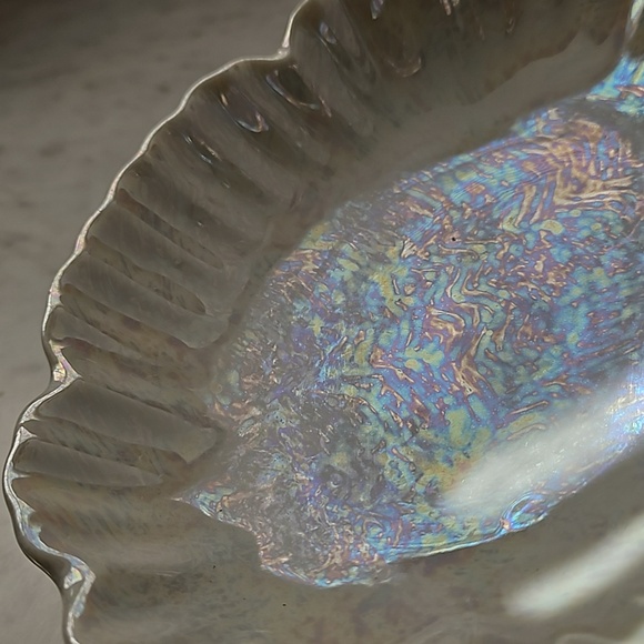 Set handblown Mottled Iridescent Round Glass Oil Lamp & irred. underplate - Picture 7 of 9